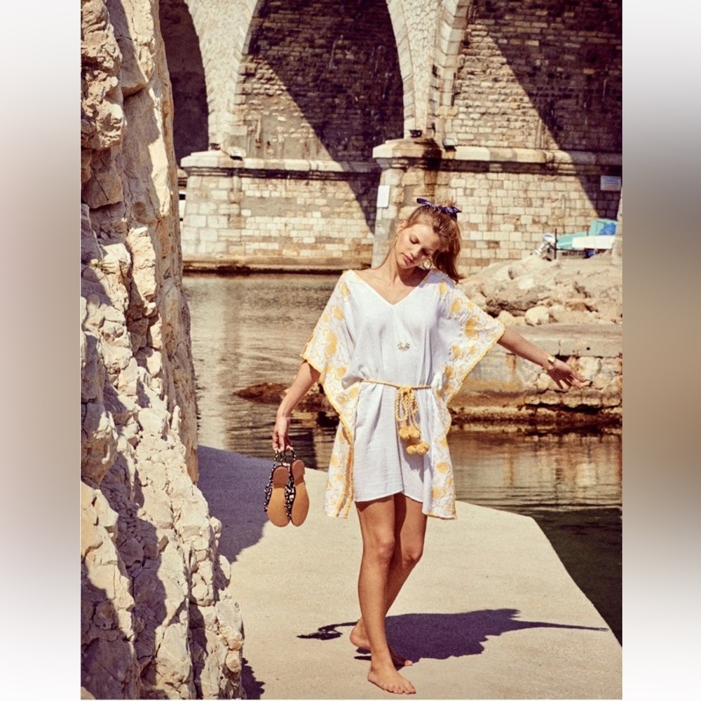 Sézane Embroidered Kaftan Dress Cover Up Womens Size Small Resort Yellow White